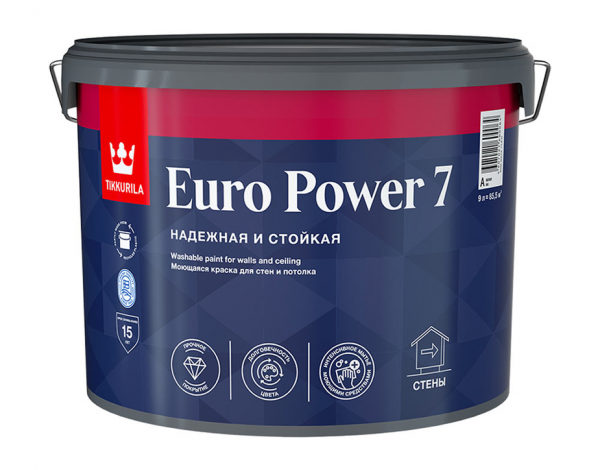 Краска водно-дисперсионная Tikkurila Euro Power 7 моющаяся белая основа А 9 л